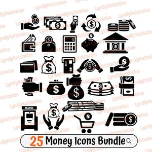 25 Money Icons Bundles Svg | Dollar Coins Clipart | Dollar Bills Cut File | Monetary Stencil | Money T-shirt Design | Currency Dxf | Png