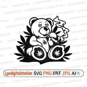 May include: Black and white illustration of a cartoon bear wearing a shirt with a marijuana leaf design, sitting in a field of marijuana plants and smoking a joint.