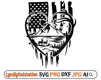 US Hunting-Fishing Scene Svg | Fish Lover Clipart | Fishing Rod Cut File | Mountain Scene Stencil | Fish Hunting T-shirt Design | Dxf | Png