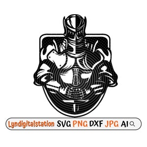 May include: Black and white illustration of a knight in armor holding a sword, inside a shield with a dotted pattern.