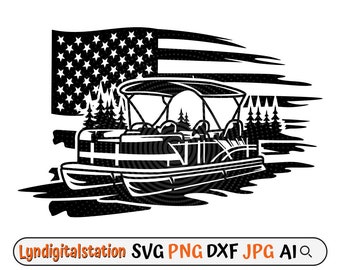 US Pontoon Boat Svg | Angler Dad Clipart | Fishing Boat  Cut File | Fishing Vehicle Stencil | Party Barges Tshirt Design | Fishing Dxf | Png
