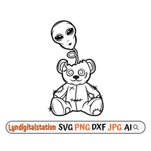 May include: Black and white line art illustration of a teddy bear with a stitched appearance. The teddy bear has a spiral spring coming out of the top of its head with an alien head on top of the spring.