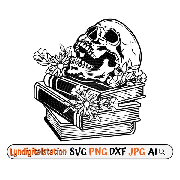 Book With Skull Floral Svg | Floral Skull Clipart | Skull Cut File | Floral Skull Stencil | Book Skull T-shirt Design | Skull Dxf | Book Png
