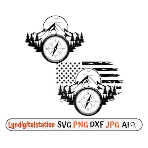 US Mountain with Compass Svg | Nautical Compass Clipart | Outdoor Adventure  Cut File | Travel  Stencil | Navigator shirt Design | Dxf | Png