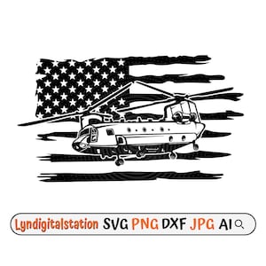 Pode incluir: Silhueta preta e branca de um helicóptero voando sobre uma bandeira americana. A bandeira está desgastada e tem um efeito grunge. O helicóptero é um Chinook.