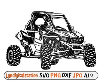 May include: Black and white line art illustration of a side-by-side off-road vehicle with a roll cage. The vehicle has four wheels and a front bumper.