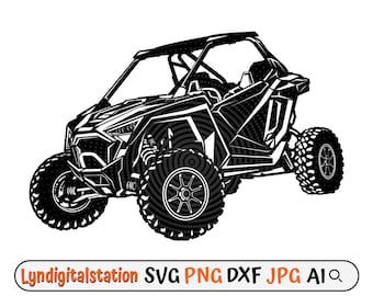 May include: Black and white silhouette of a side view of a  off-road vehicle with a roll cage. The vehicle has four wheels and is designed for off-road driving.