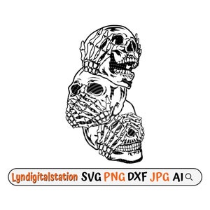 See Hear Speak Svg | Skull Senses Clipart | 3 Skeleton Cut File | Three Skull Stencil | No Evil T-shirt Design | Horror Dxf | Halloween Png