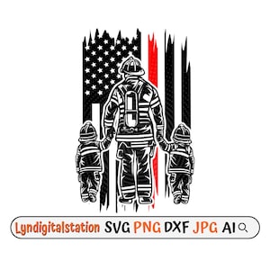 以下が含まれることがあります： ぼろぼろになったアメリカ国旗の前で、2人の子供と一緒に立っている消防士の白黒シルエット。消防士はヘルメットとホースをつけた制服を着ています。旗には真ん中に赤いストライプがあります。