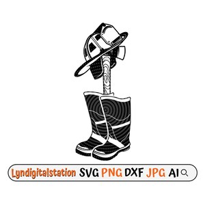May include: Black and white illustration of firefighter gear: a helmet, axe, and boots. The boots have a circular pattern design. The image includes the text "Lyndigitalstation SVG PNG DXF JPG AI".