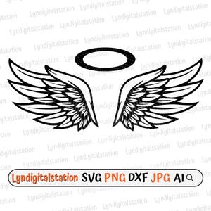 Angel Wings - In Memory Of  Svg | Halo Clipart | Memorial Cut File | Feather Stencil | Angel Halo and Wings T-shirt Design | Death Dxf | Png