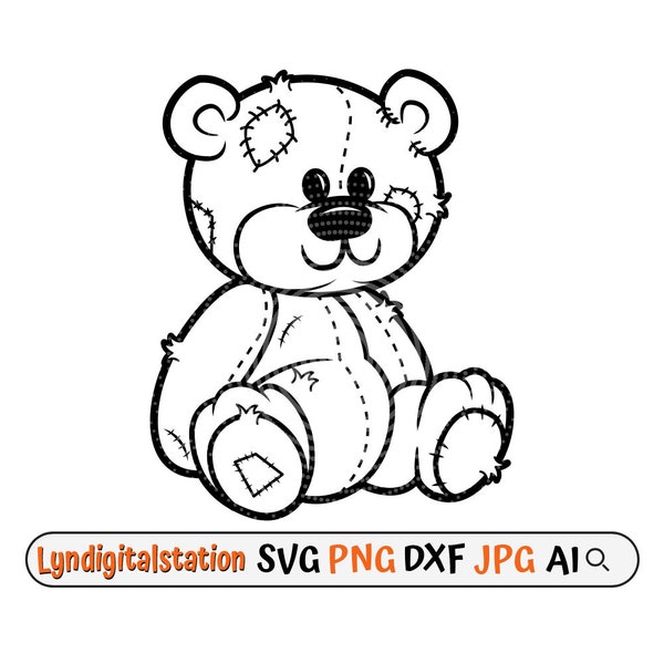 Teddy Bear Doll Svg | Teddy Bear Clipart | Teddy Bear with Stitches Cut File | Patches Teddy Stencil | Stuffed Toy Tshirt Design | Dxf | Png