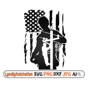 May include: Black and white silhouette of an electrician working on a power pole, with an American flag in the background. The flag is distressed and has a grunge effect.