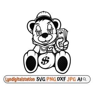 Gangster Teddy Money Svg / Dollar Bill Clipart / Teddy con USD Eye Cut File / Money Bag Stencil / Rick Kid Cool T-shirt Design / Dxf / Png