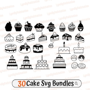 30 Cake Bundles Svg | Birthday Cake Clipart | Cupcakes Cut File | Desserts Stencil | Cake Slice T-shirt Design | Donut Dxf | Png