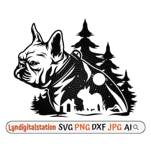 Puede incluir: Silueta en blanco y negro de un bulldog francés con fondo de bosque. El perro mira hacia la izquierda y lleva un collar. El bosque está detrás del perro y hay una luna y estrellas en el cielo.