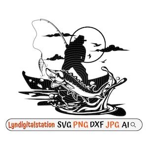 Peut inclure: Silhouette noire et blanche d'une personne pêchant avec un gros poisson qui saute hors de l'eau. Le poisson est ramené par une canne à pêche. La scène se déroule sur fond de lune et de nuages.