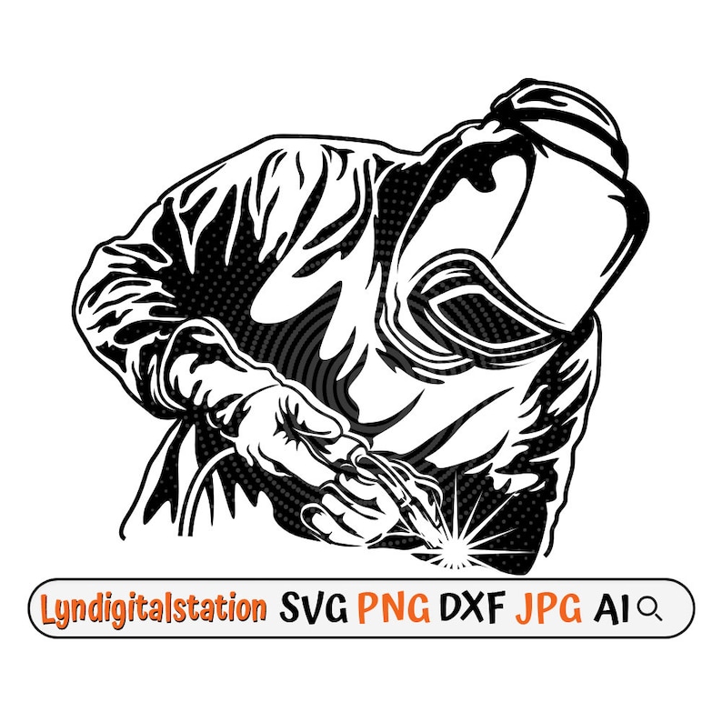 May include: Black and white illustration of a welder wearing a welding mask and welding with a torch.