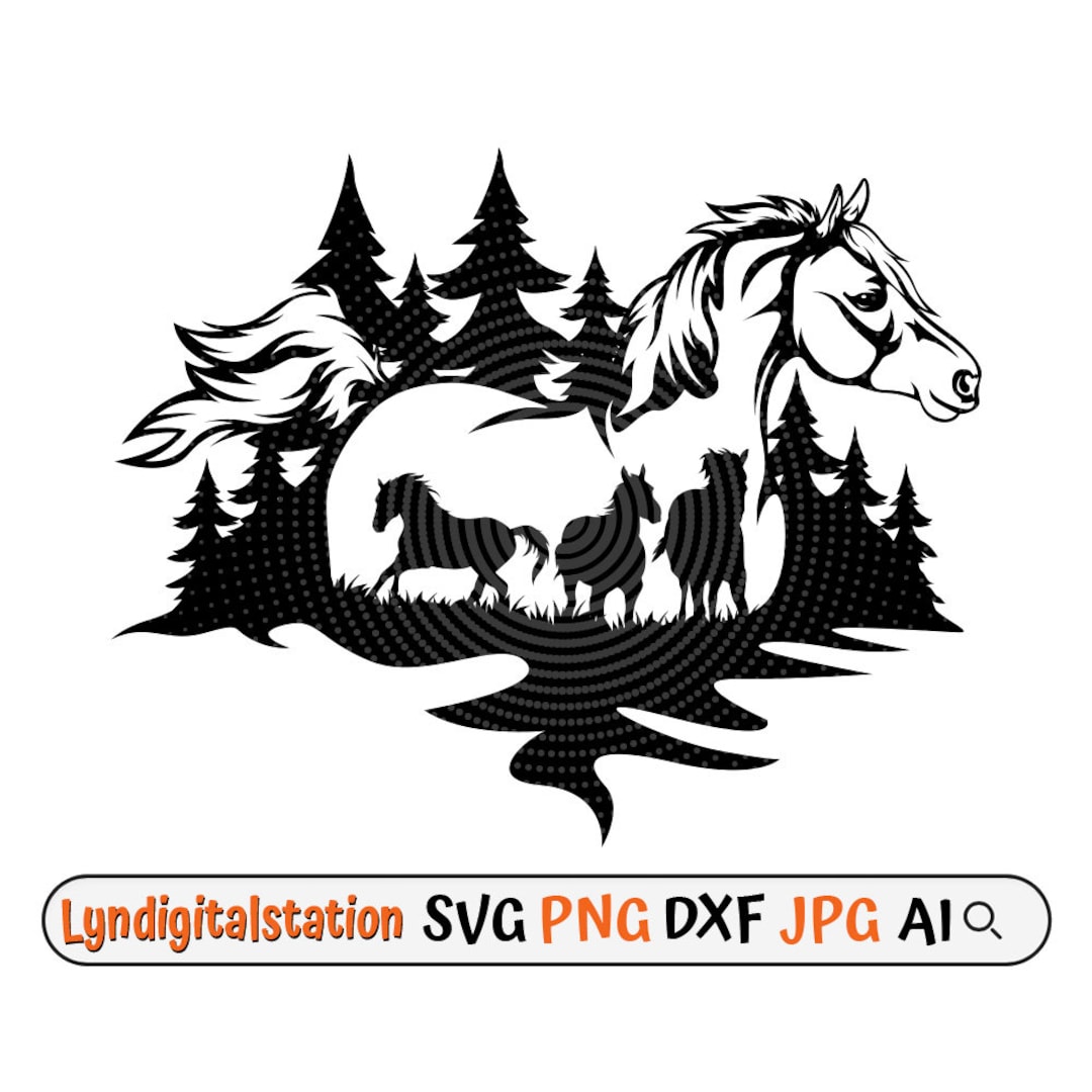 Horse Scene Svg Stallion Clipart Equestrian Cut File Pine Trees Stencil