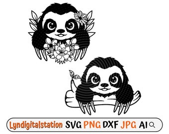 Cute Sloth Svg | Floral Sloth Clipart | Sloth in the Log Cut File | Tree-dwelling Mammal Stencil | 2 Peeking Sloth Tshirt Design | Dxf | Png