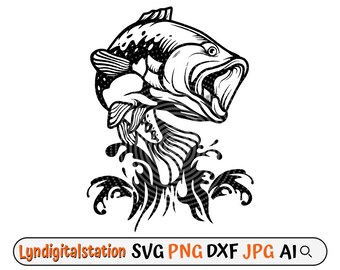 Bass Fish Svg | Angler Dad Gift Clipart | Outdoor Bass Fishing Cut File | Large Mouth Fish Stencil | River Fish T-shirt Design | Dxf | Png