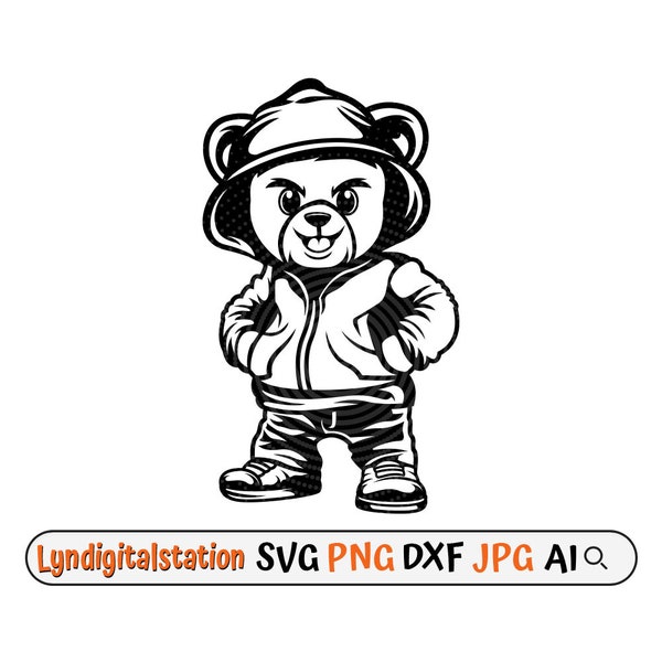 Teddy Bear Hiphop Svg | Hipster Teddy Clipart | Gangster Bear Cut File | Hip Hop Lover Stencil | Stylish Bear Tshirt Design | Swag Dxf | Png