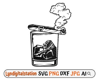 Whisky Glass with Cigar Svg | Whisky Glass Clipart | Cigar Cut File | Alcohol Drink Stencil | Whisky shirt Design | Beverage Dxf | Smoke Png