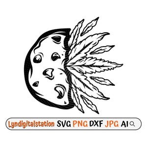 Può includere: Illustrazione in bianco e nero di un biscotto con un disegno a foglia di marijuana. Il biscotto è mezzo mangiato e la foglia ha la forma di un copricapo.