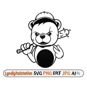 Angry Teddy Bear Svg | Peace Sign Clipart | Teddy Bear Cut File | Baseball Bat Stencil | Mafia Bear Tshirt Design | Gangster Teddy Dxf | Png