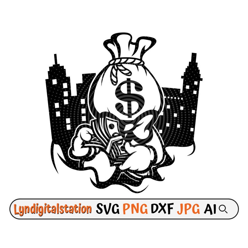 May include: Black and white illustration of a cartoon money bag character holding stacks of cash in front of a city skyline. The money bag has a dollar sign on it.