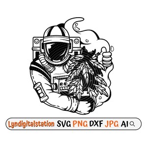 Puede incluir: Ilustración en blanco y negro de un astronauta sosteniendo una planta de marihuana. El astronauta lleva un traje espacial y un casco. La planta está en una maceta y tiene hojas.