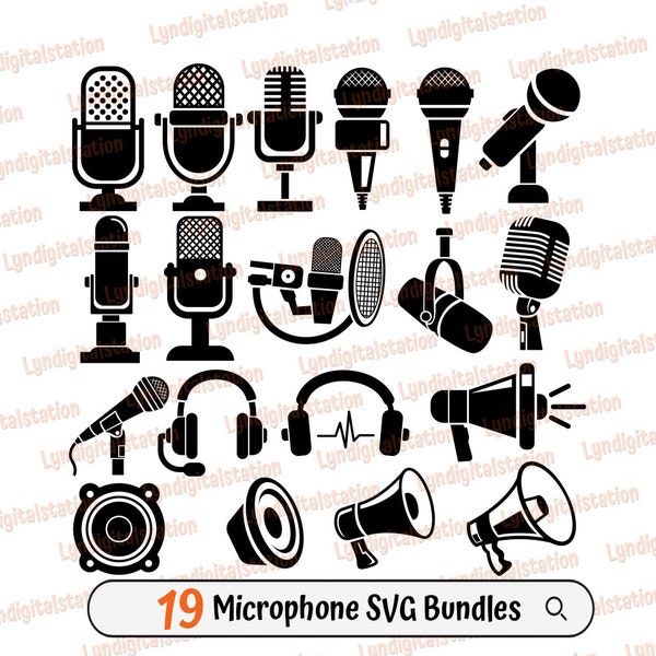 Microphone Bundles Svg | Megaphone Clipart | Headphone Cut File | Music Stencil | Music Recording T-shirt Design | Microphone Set Dxf | Png