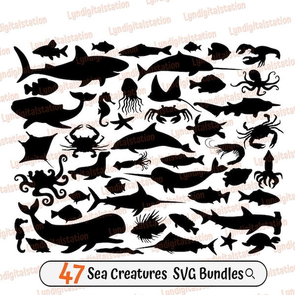 47 Sea Creature Bundles Svg | Aquatic Animals Clipart | Marine Life Cut File | Sea Foods Stencil | Sea Mammals T-shirt Design | Dxf | Png