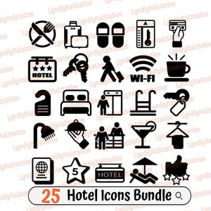 Paquetes de 25 iconos de hotel Svg / Clipart de cinco estrellas / Archivo de corte de tarjeta de llave / Plantilla de idioma / Diseño de camiseta de Travellers Inn / Cerradura de hotel Dxf / Png