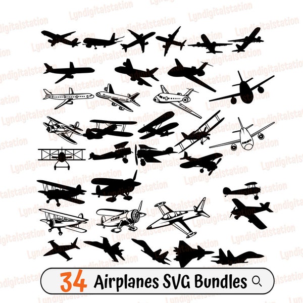 34 Airplanes Bundles Svg | Vehicles Clipart | Aviation Cut File | Aircraft Stencil | Millitary Plane Tshirt Design | Aero plane Dxf | Png