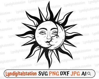 Sun and Moon Svg | Mystical Sun & Moon Clipart | Moon Cut File | Mystical Sun Stencil | Sun T-shirt Design | Day  Dxf | Night PNG
