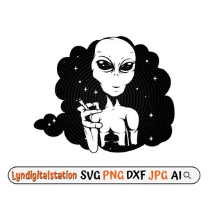 May include: Black and white illustration of an alien smoking a cigarette. The alien has large eyes and a serious expression. The background is a swirling pattern of stars and dots.