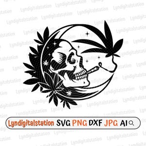 May include: Black and white illustration of a skull smoking a joint, surrounded by marijuana leaves and stars. The skull is wearing a crescent moon as a hat.