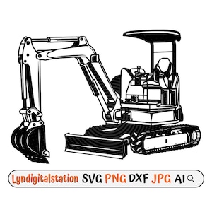 May include: Black and white line art illustration of a small excavator with a bucket and a cab. The excavator is on tracks and has a blade in the front.