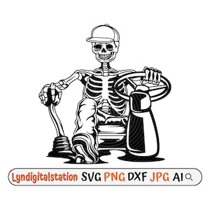 May include: A black and white illustration of a skeleton wearing a baseball cap and driving a car. The skeleton is holding the steering wheel with one hand and the gear stick with the other.