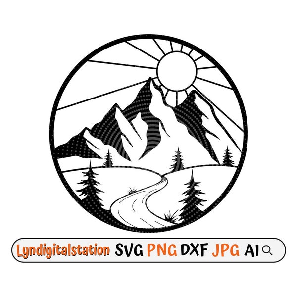 Mountain Scene Svg | Sunny Day Clipart | Long Road Cut File | Country Road Stencil | Road Mountain T-shirt Design | Trees Dxf | Camplife Png