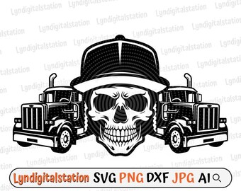 Camionero con Calavera SVG / Camión con Calavera Clipart / Archivo de corte de vehículo de transporte / Plantilla de camión de 18 ruedas / Diseño de camiseta de camiones grandes / DXF / Png
