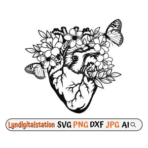 May include: A black and white illustration of a human heart with flowers and butterflies surrounding it.