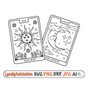 太陽と月のカード SVG | タロット カード クリップアート | 神秘的なカード カット ファイル | タロット カード 太陽と月のステンシル | 天体 T シャツ デザイン | Dxf | PNG