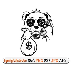 Teddy Bear Svg / Teddy Robber Clipart / Money Bag Cut File / Cool Teddy con Dollar Sunglass Stencil / Gangster T-shirt Design / Dxf / Png
