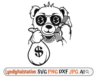 Teddy Bear Svg / Teddy Robber Clipart / Money Bag Cut File / Cool Teddy con Dollar Sunglass Stencil / Gangster T-shirt Design / Dxf / Png