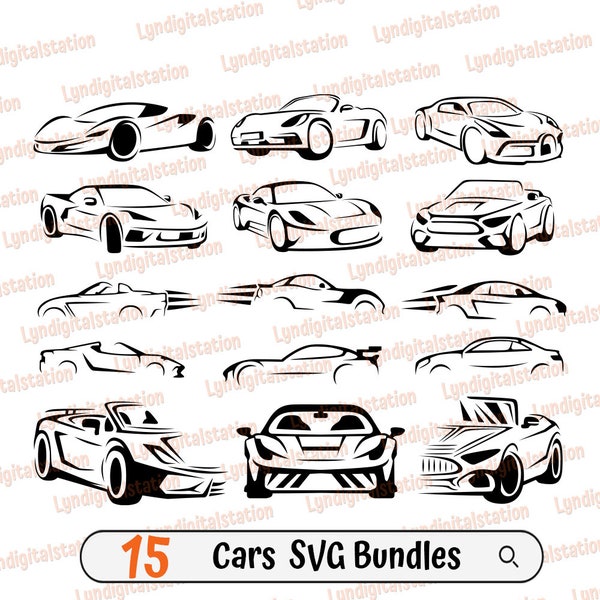 15 Car Bundles Svg | Car Clipart | Race Cars Cut File | Sport Cars Stencil | Car Lover T-shirt Design | Luxury Cars Dxf | Car Collector Png