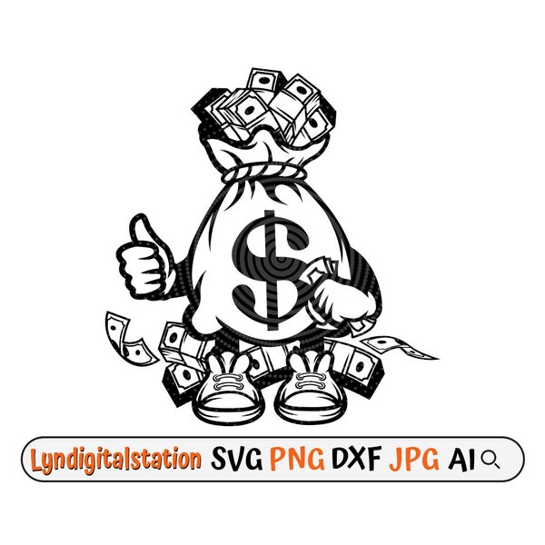 Money Bag Svg | Bag full with Money Clipart | Bundled Cash Cut File | Overflowing Money Stencil | Cash Splash T-shirt Design | Dxf | Png