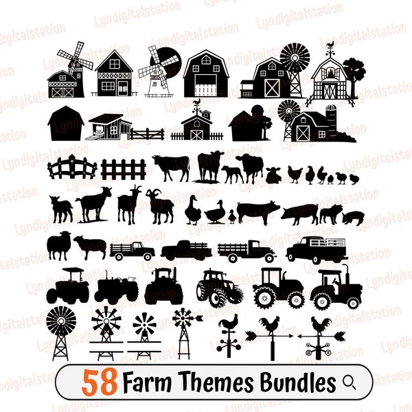 58 Farm Theme Bundles Svg | Farmhouse Animal Clipart | Domestic Animal Cut File | Tractor Stencil | Farm Vehicle T-shirt Design | Dxf | Png