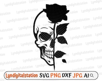 Skull Rose Svg | Half Skull with Rose Clipart | Rose Skeleton Face Cut File | Floral Skull Stencil | Floral Skull T-shirt Design | Dxf | Png